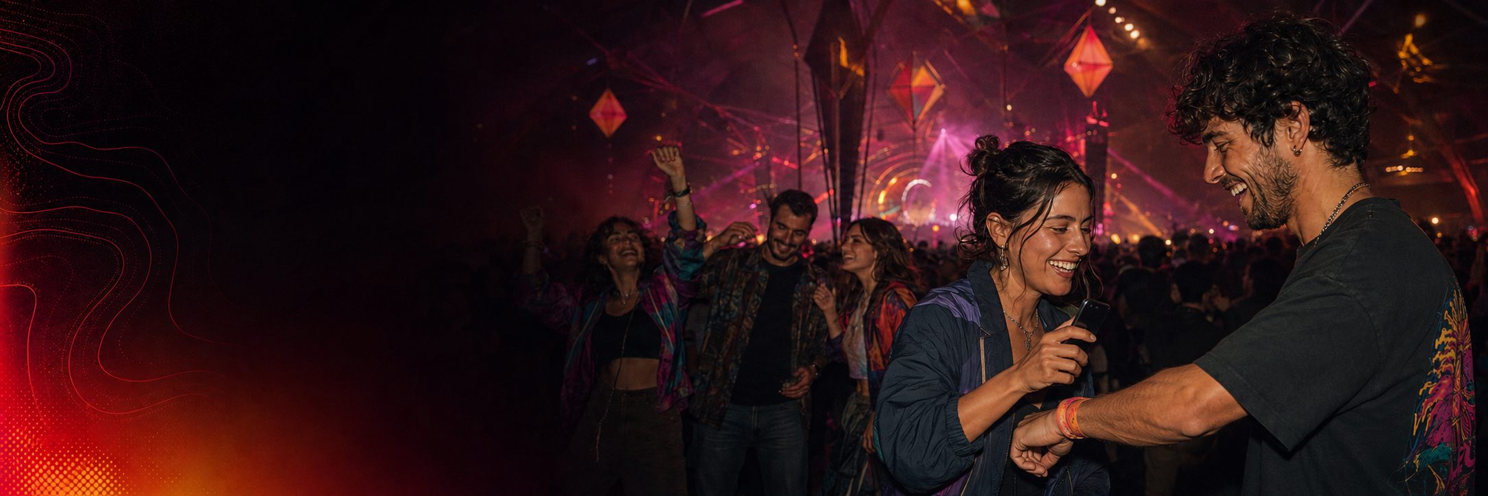 Twee vrienden op een festival scannen een TagGo-bandje met een telefoon.