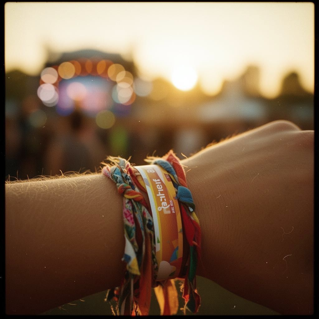 Een pols met festivalbandjes, in de avondzon.