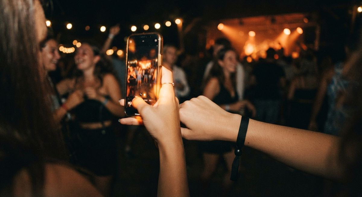 Iemand houdt een telefoon bij een zwart bandje, op een feest met oranje licht.